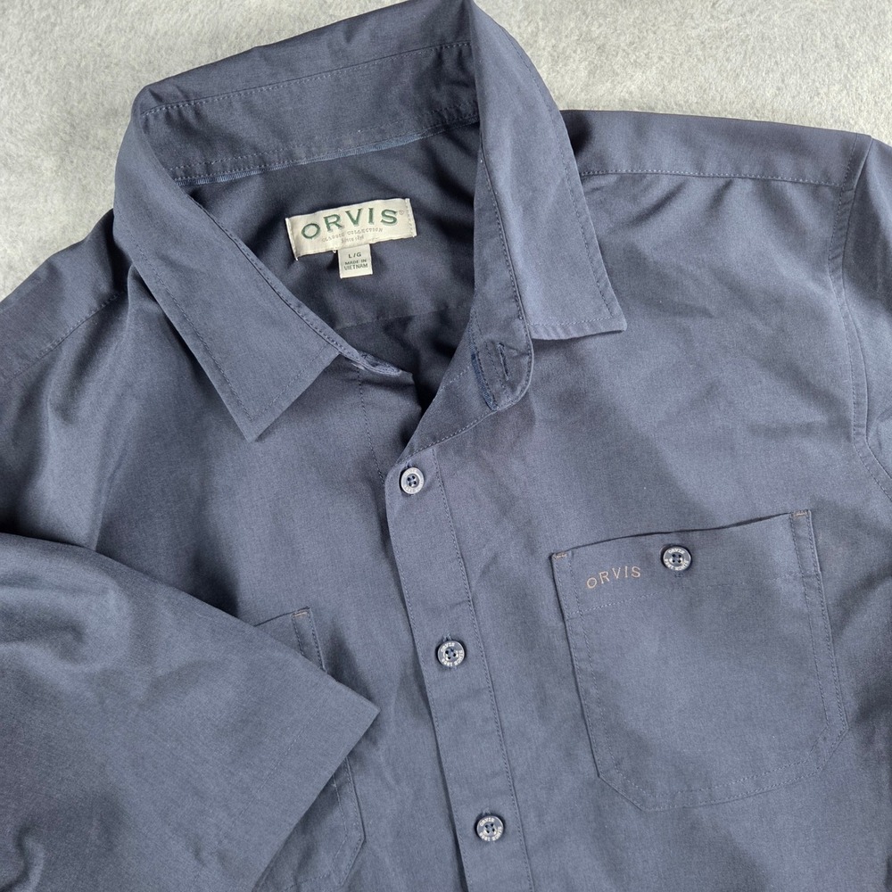 Orvis Button Down Shirt Mens Large Navy Blue Short Sleeve Classic Collection